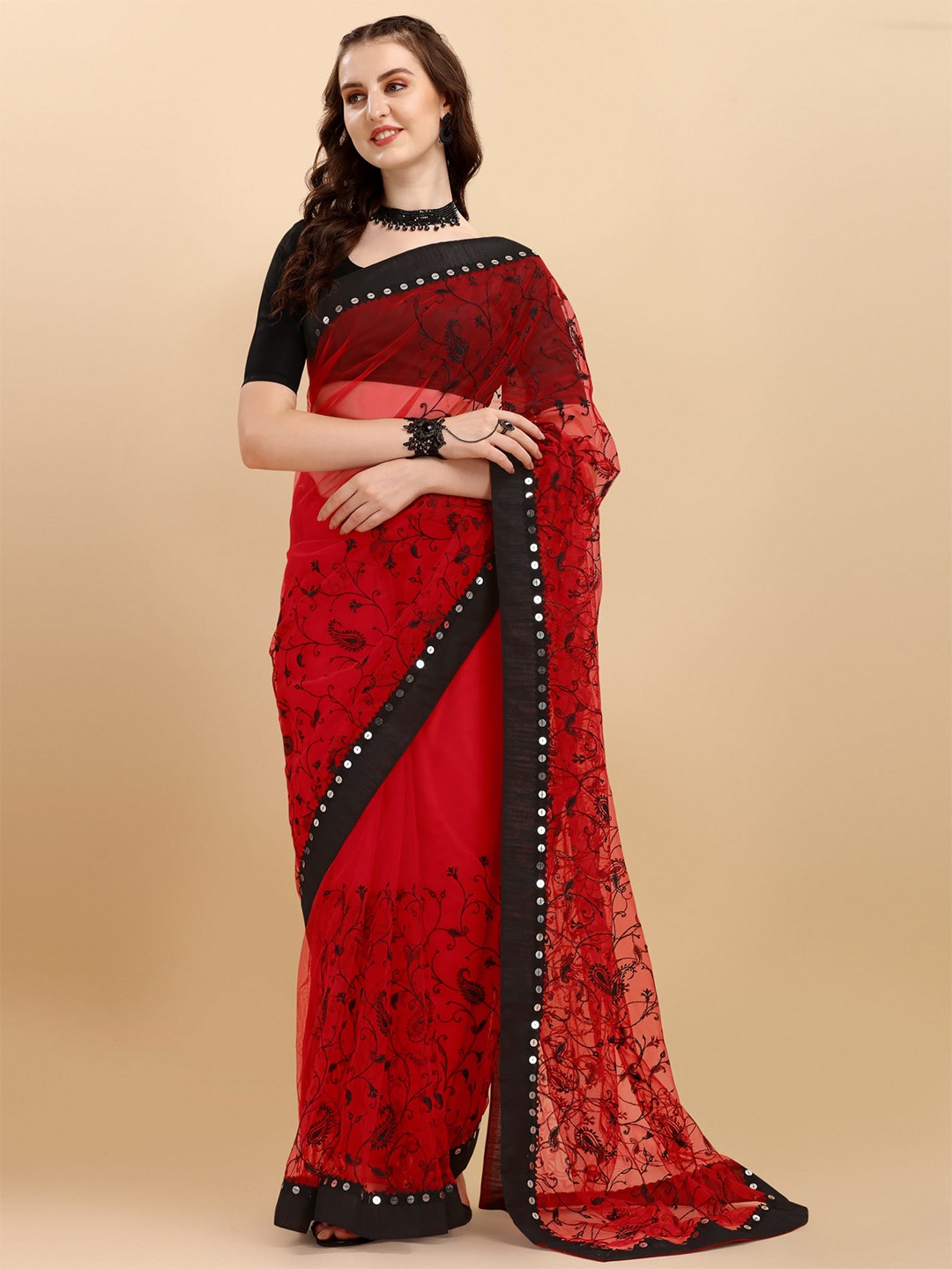 ALAGINI Paisley Embroidered Sequinned Net Chanderi Saree, Red