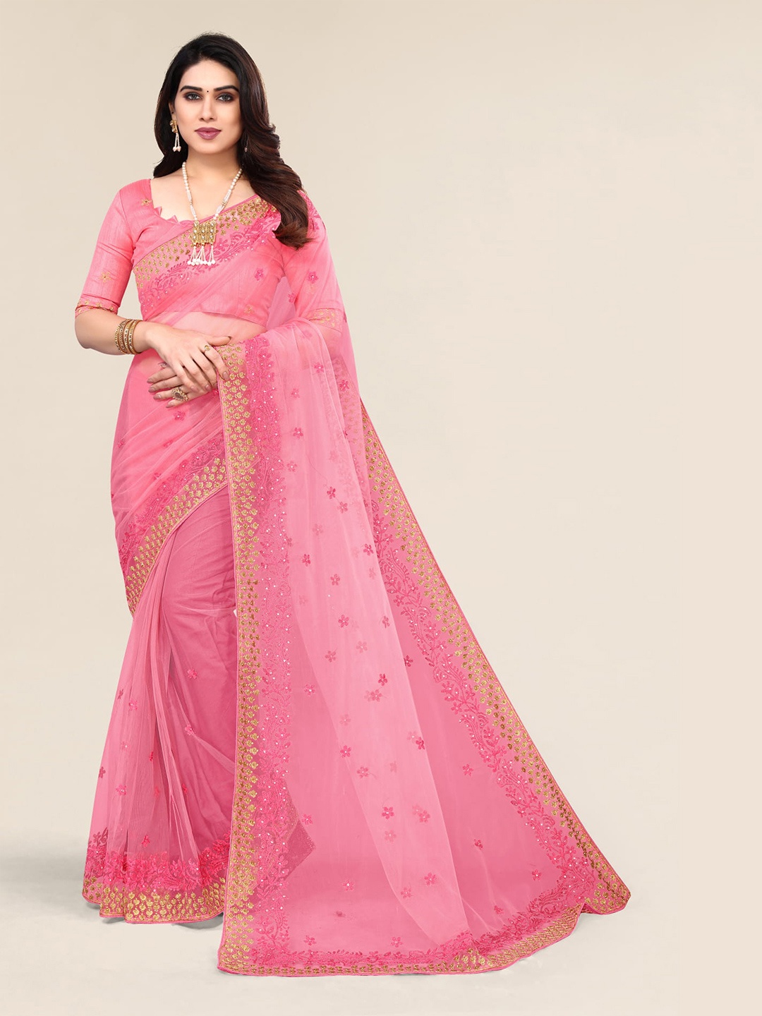 

ALAGINI Ethnic Motifs Embroidered Net Saree, Pink