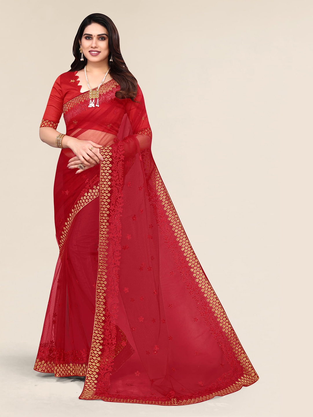 

ALAGINI Ethnic Motifs Embroidered Net Saree, Red