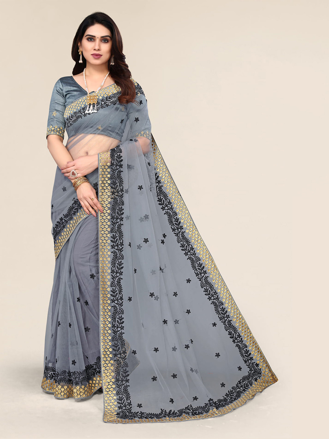 

ALAGINI Floral Embroidered Beads and Stones Net Saree, Grey