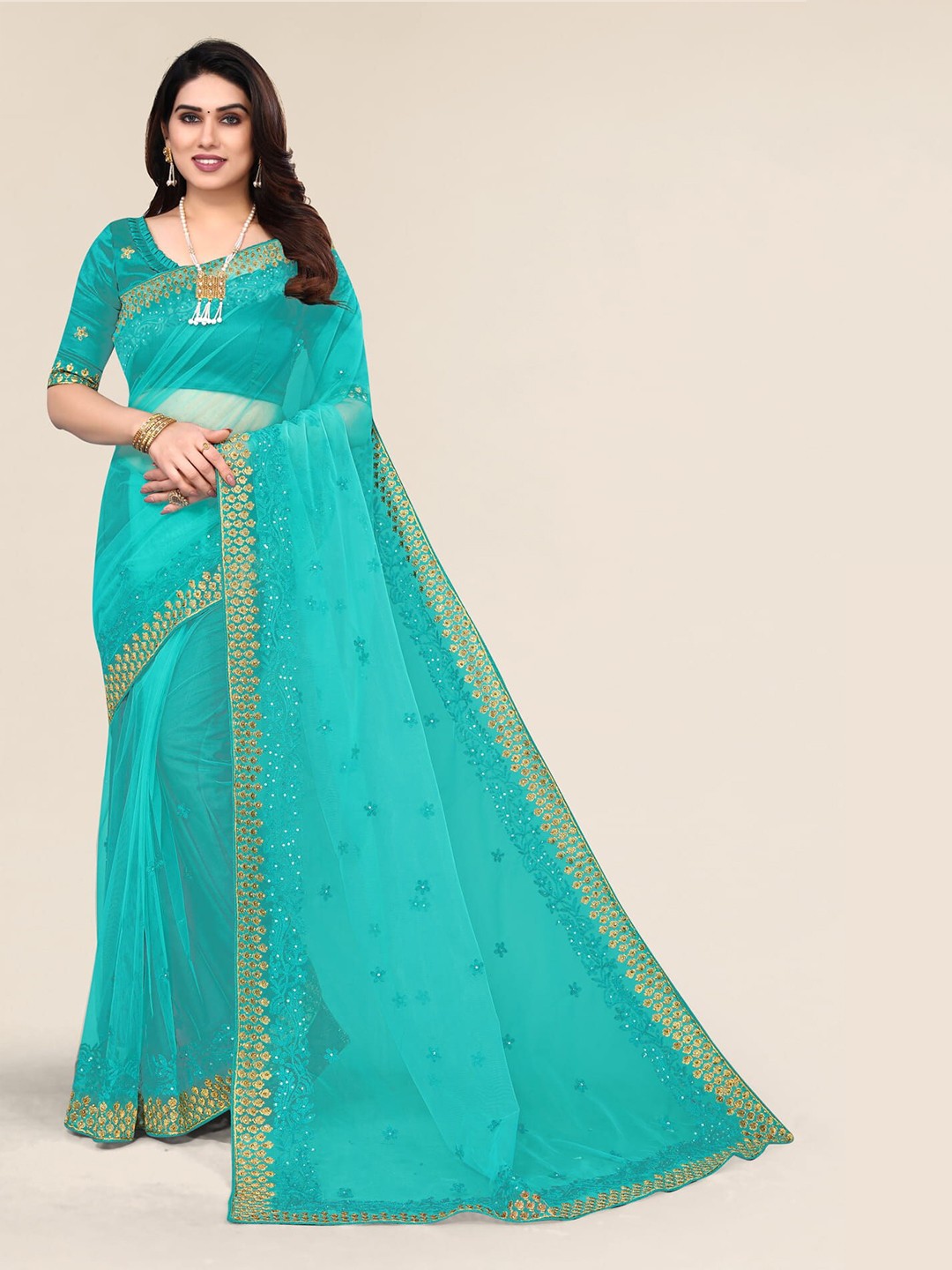 

ALAGINI Floral Embroidered Beads and Stones Net Saree, Blue