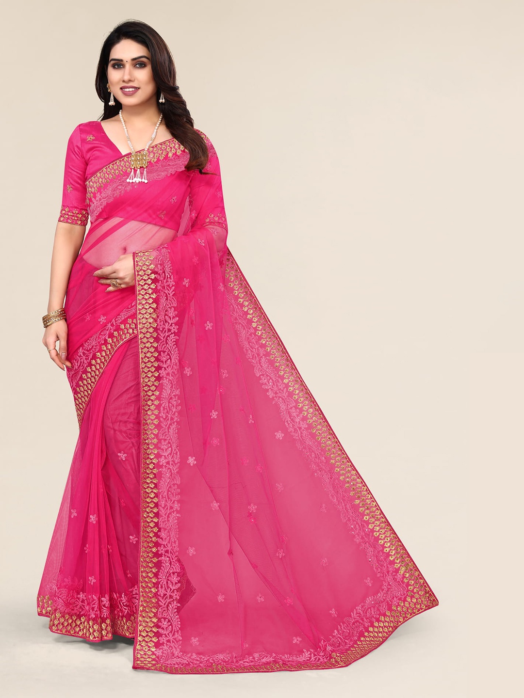 

ALAGINI Floral Embroidered Beads and Stones Net Saree, Pink