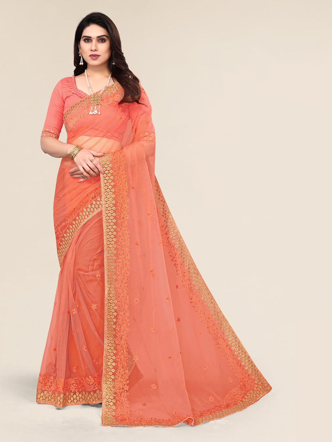 

ALAGINI Floral Embroidered Beads and Stones Net Saree, Orange