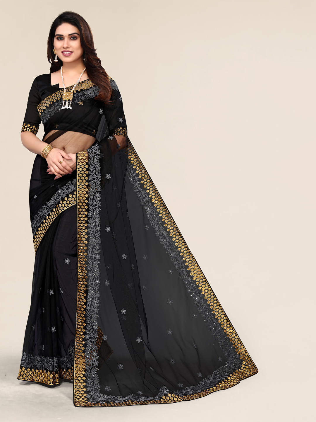 

ALAGINI Floral Embroidered Beads and Stones Net Saree, Black