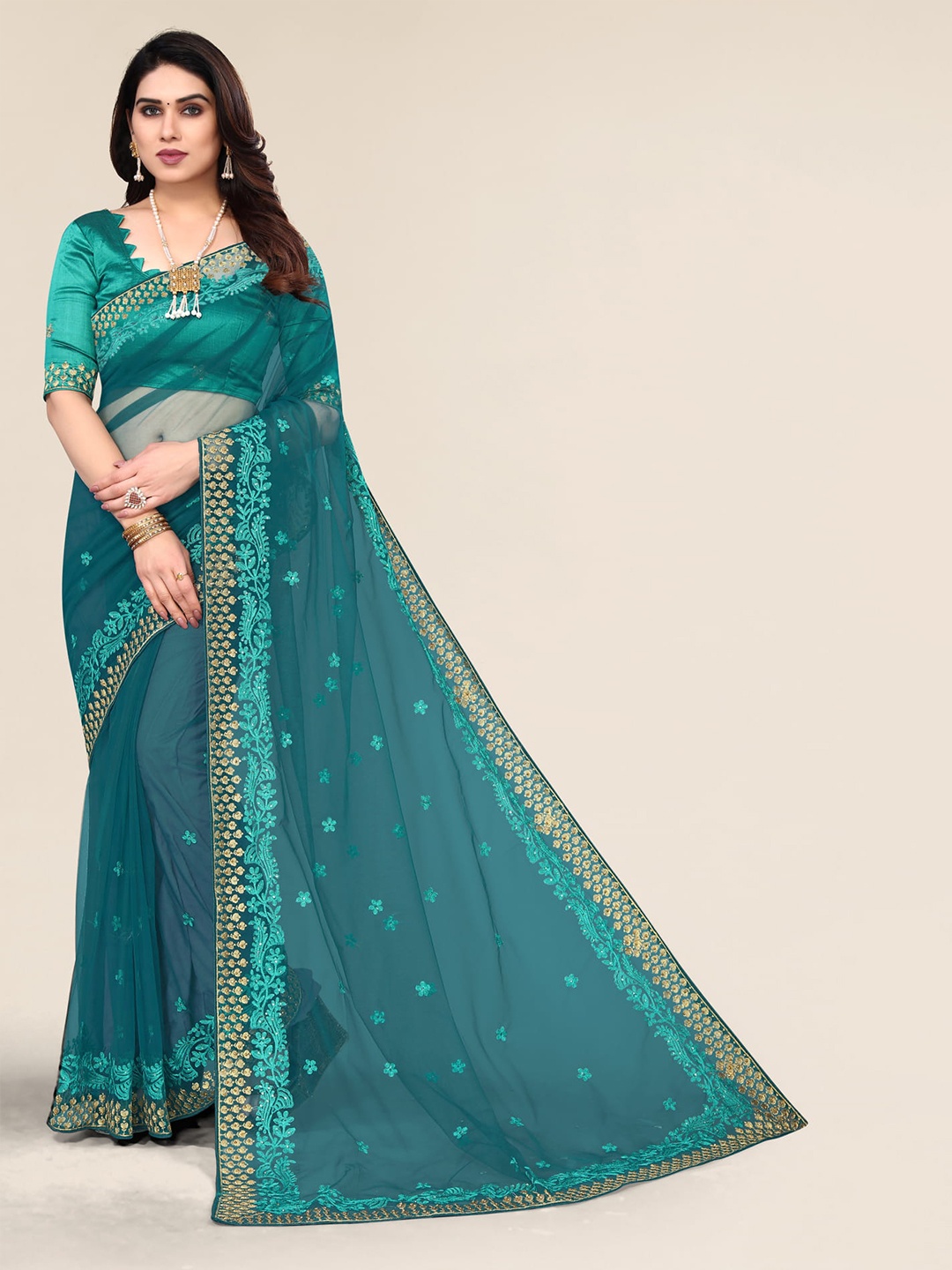 

ALAGINI Floral Embroidered Beads and Stones Net Saree, Turquoise blue