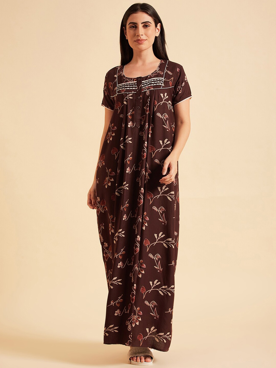 

Sweet Dreams Floral Printed Pure Cotton Maxi Everyday Nightdress, Brown