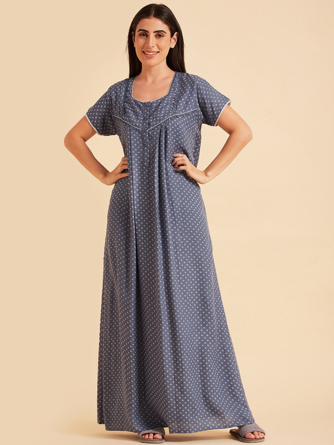 

Sweet Dreams Blue Geometric Printed Pure Cotton Maxi Nightdress