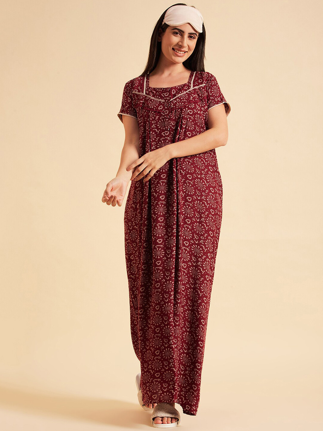 

Sweet Dreams Maroon Floral Printed Pure Cotton Maxi Nightdress
