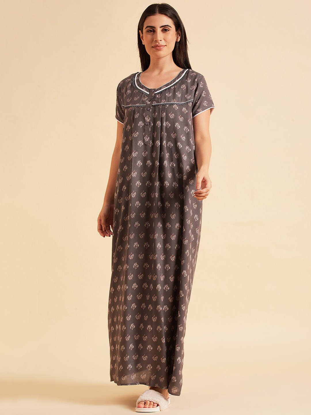 

Sweet Dreams Grey Floral Printed Pure Cotton Maxi Nightdress