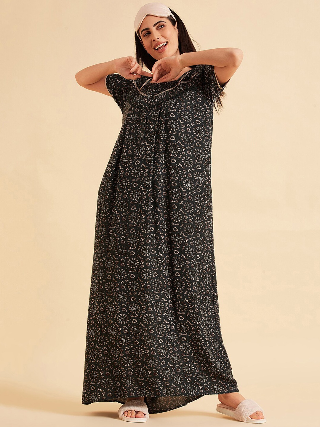 Sweet Dreams Green Floral Printed Pure Cotton Maxi Nightdress