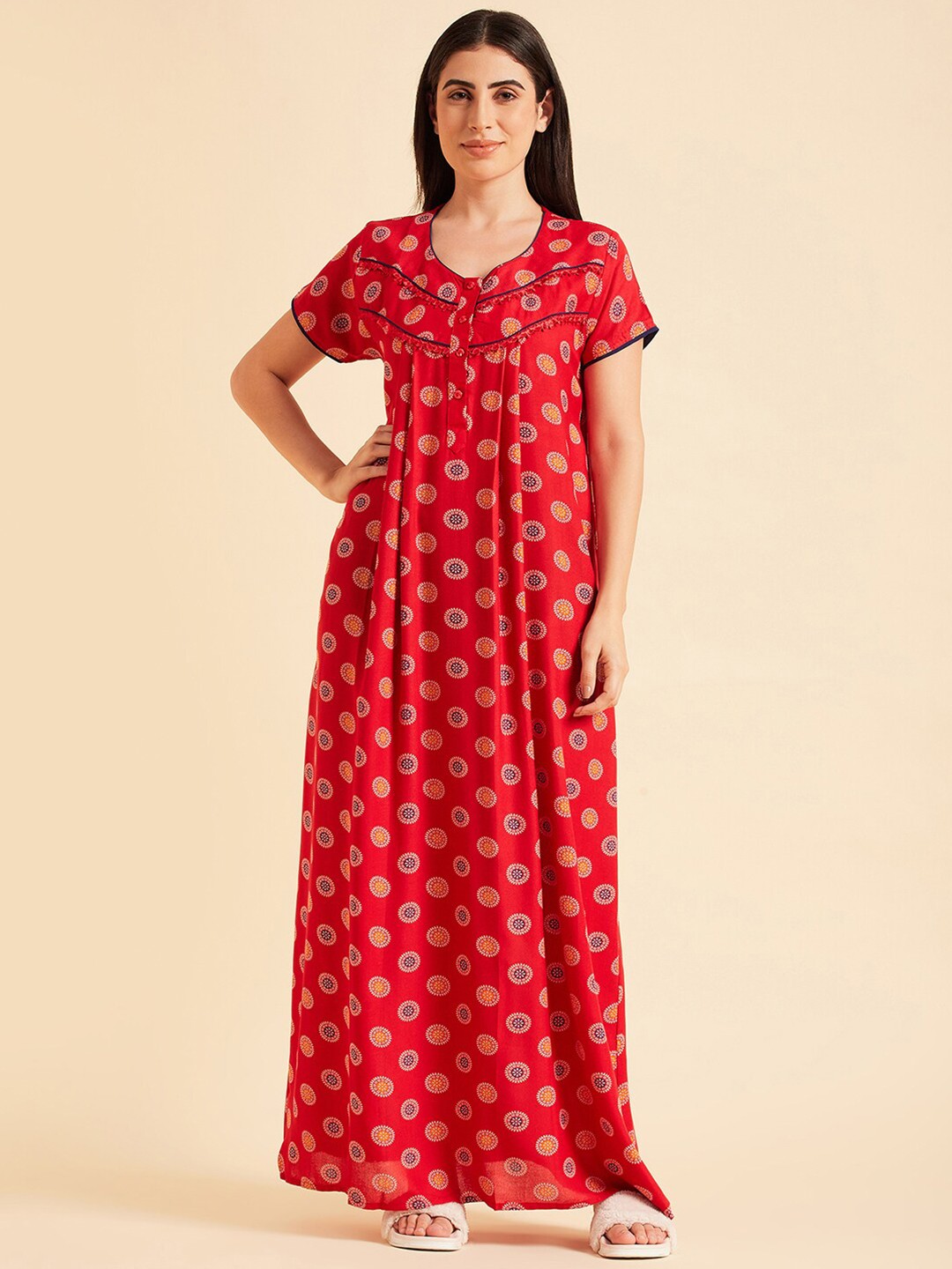 

Sweet Dreams Ethnic Motifs Printed Pure Cotton Maxi Everyday Nightdress, Red