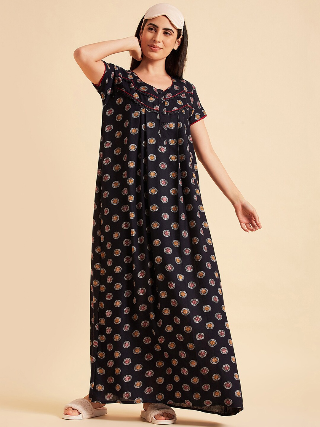 Sweet Dreams Ethnic Motifs Printed Maxi Nightdress, Navy blue