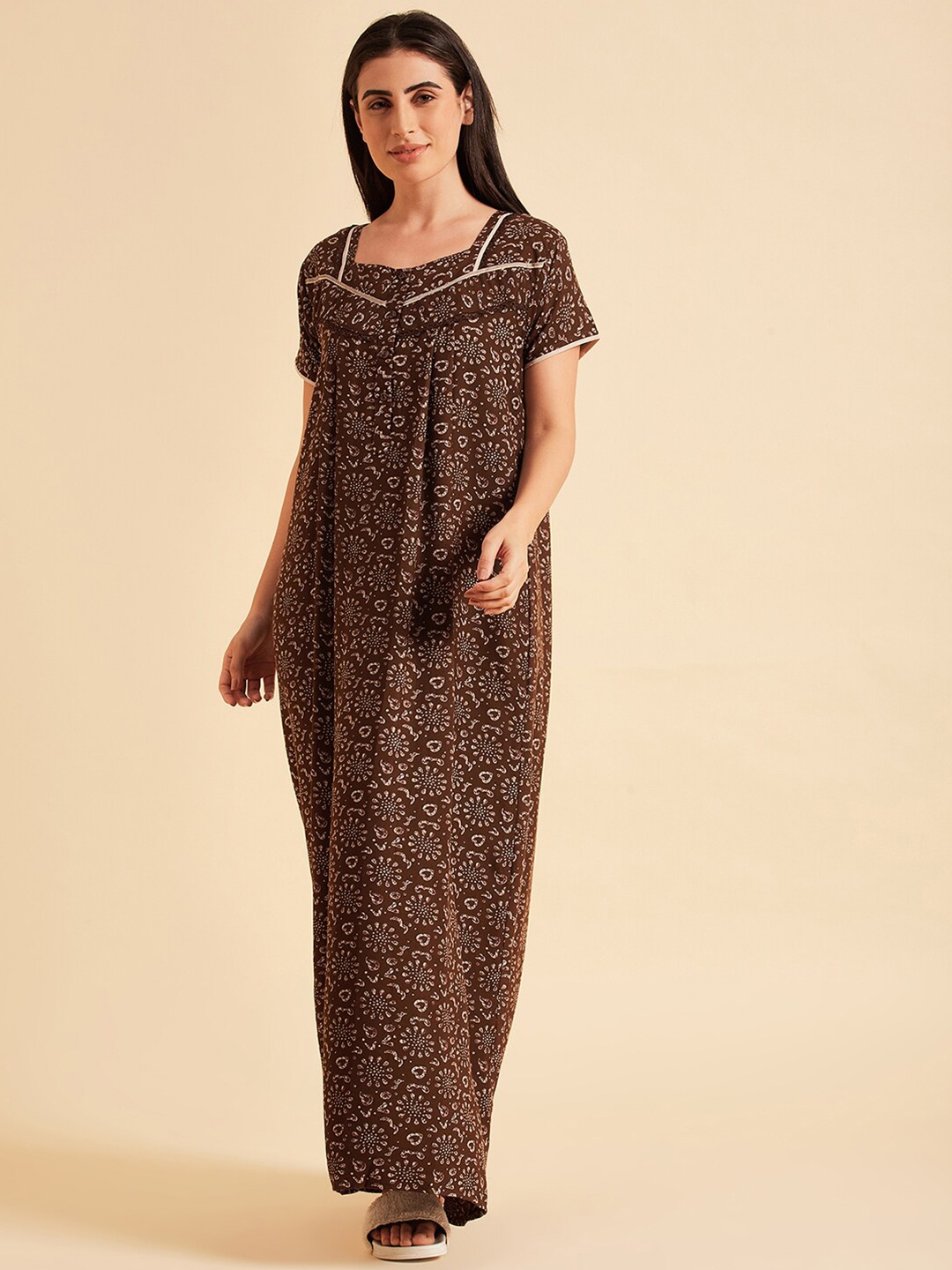 

Sweet Dreams Floral Printed Square Neck Pure Cotton Maxi Nightdress, Brown