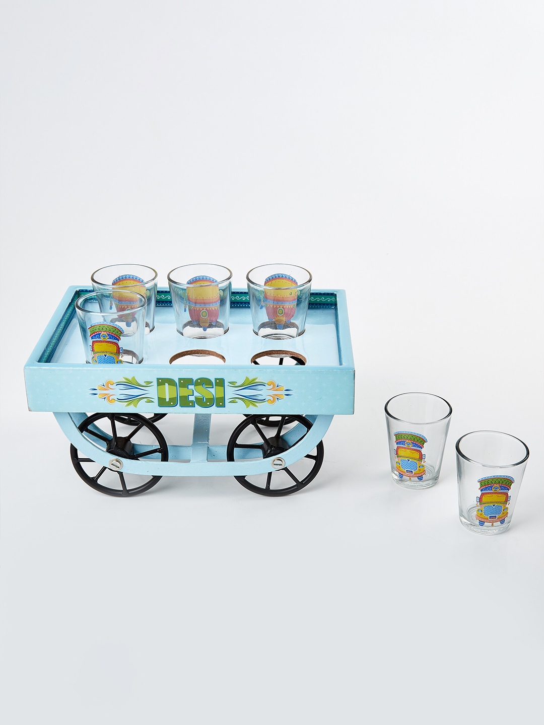 

Home Centre Luke Treasor 6 Pcs Blue Printed Glass Glossy Cups with Tray Cart