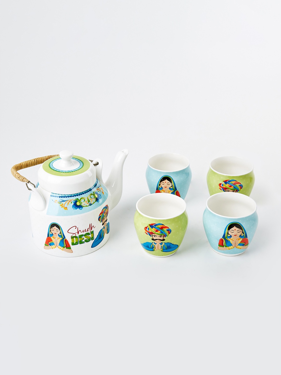 

Home Centre Luke Mad For India 5 Pcs Blue & Green Printed Bone China Glossy Kettle Set