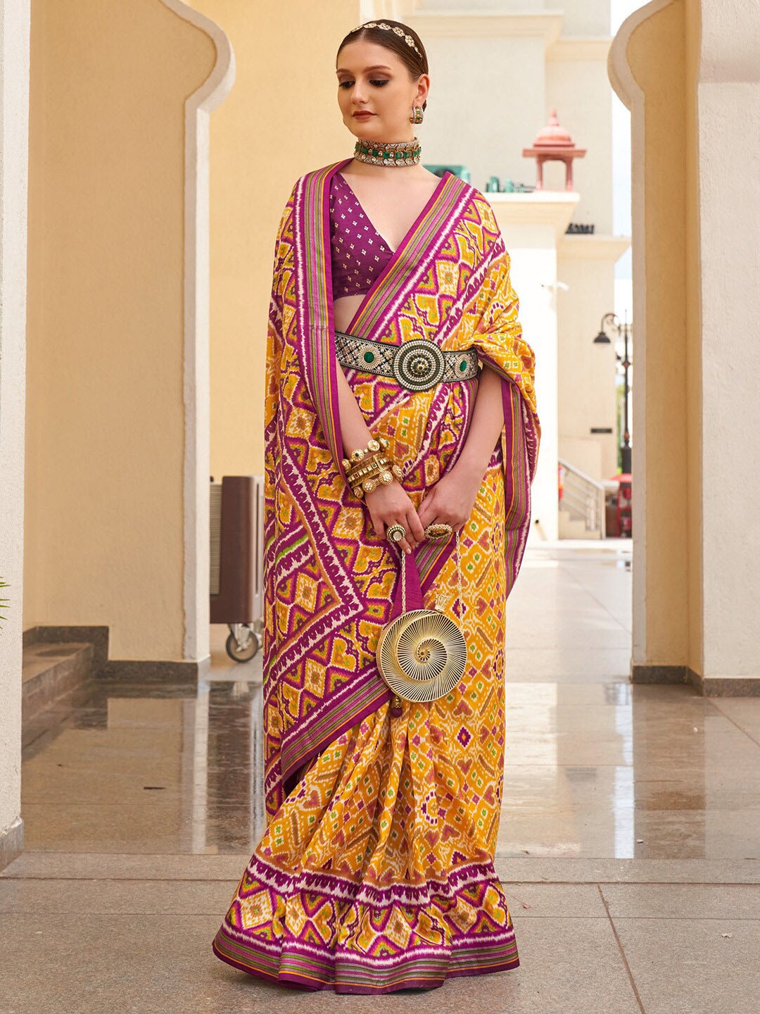 

Saree mall Ethnic Motifs Printed Zari Patola Sarees, Yellow