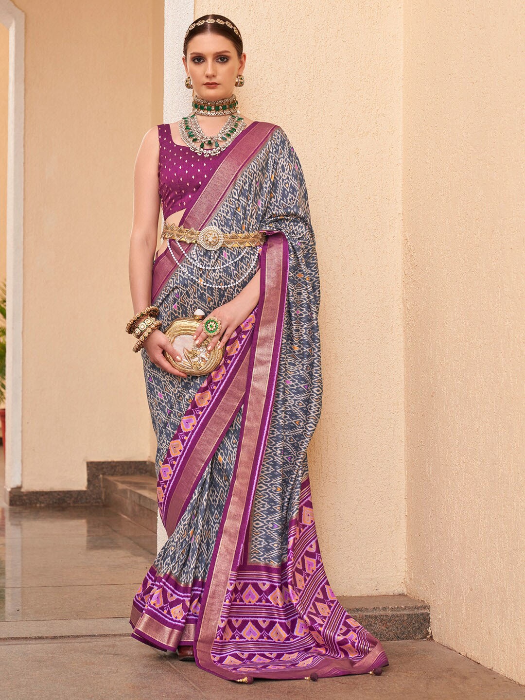 Saree mall Ethnic Motifs Printed Zari Patola Sarees, Grey