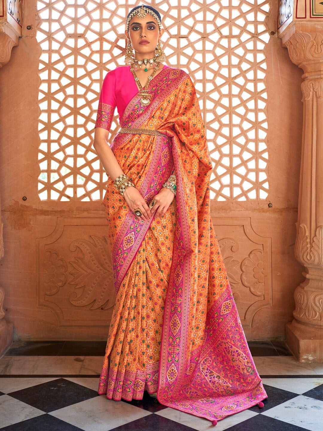 

Saree mall Orange-Coloured Ethnic Motifs Woven Design Zari Detail Saree