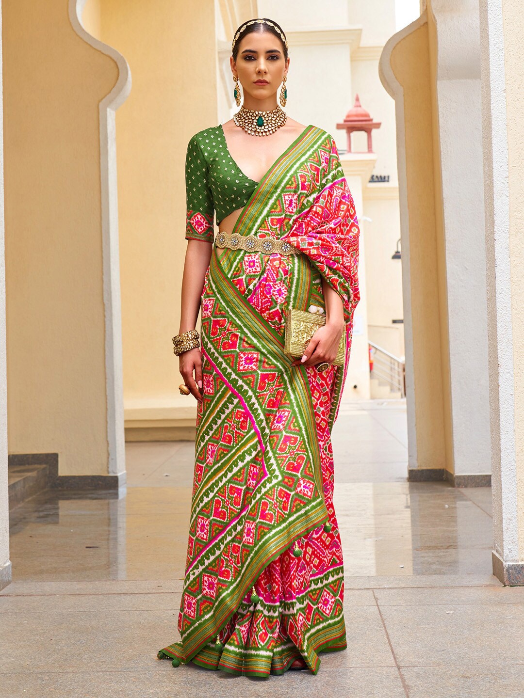 

Saree mall Ethnic Motifs Printed Zari Patola Sarees, Red