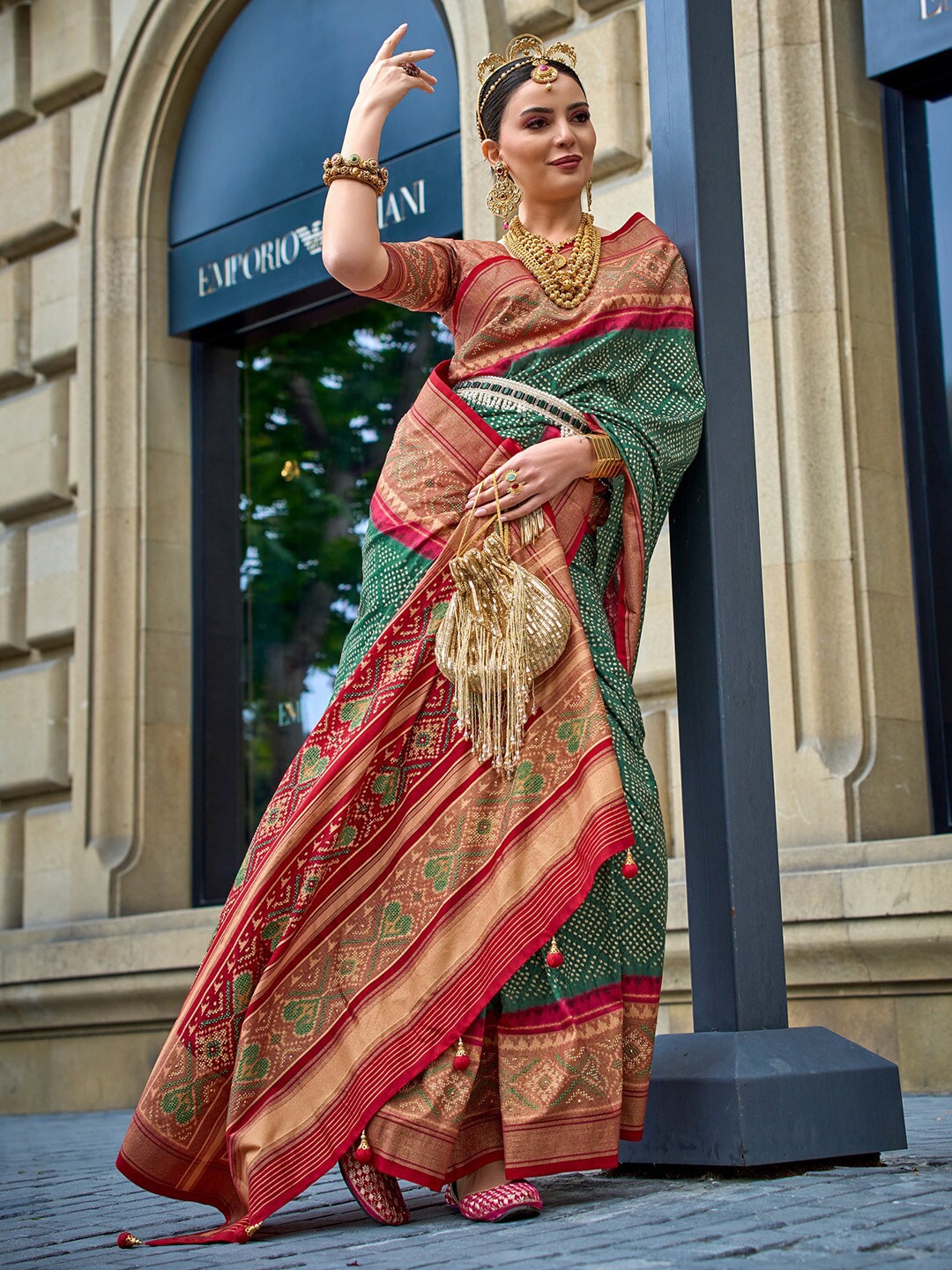 

Saree mall Bandhani Printed Zari Silk Blend Patola Sarees, Green