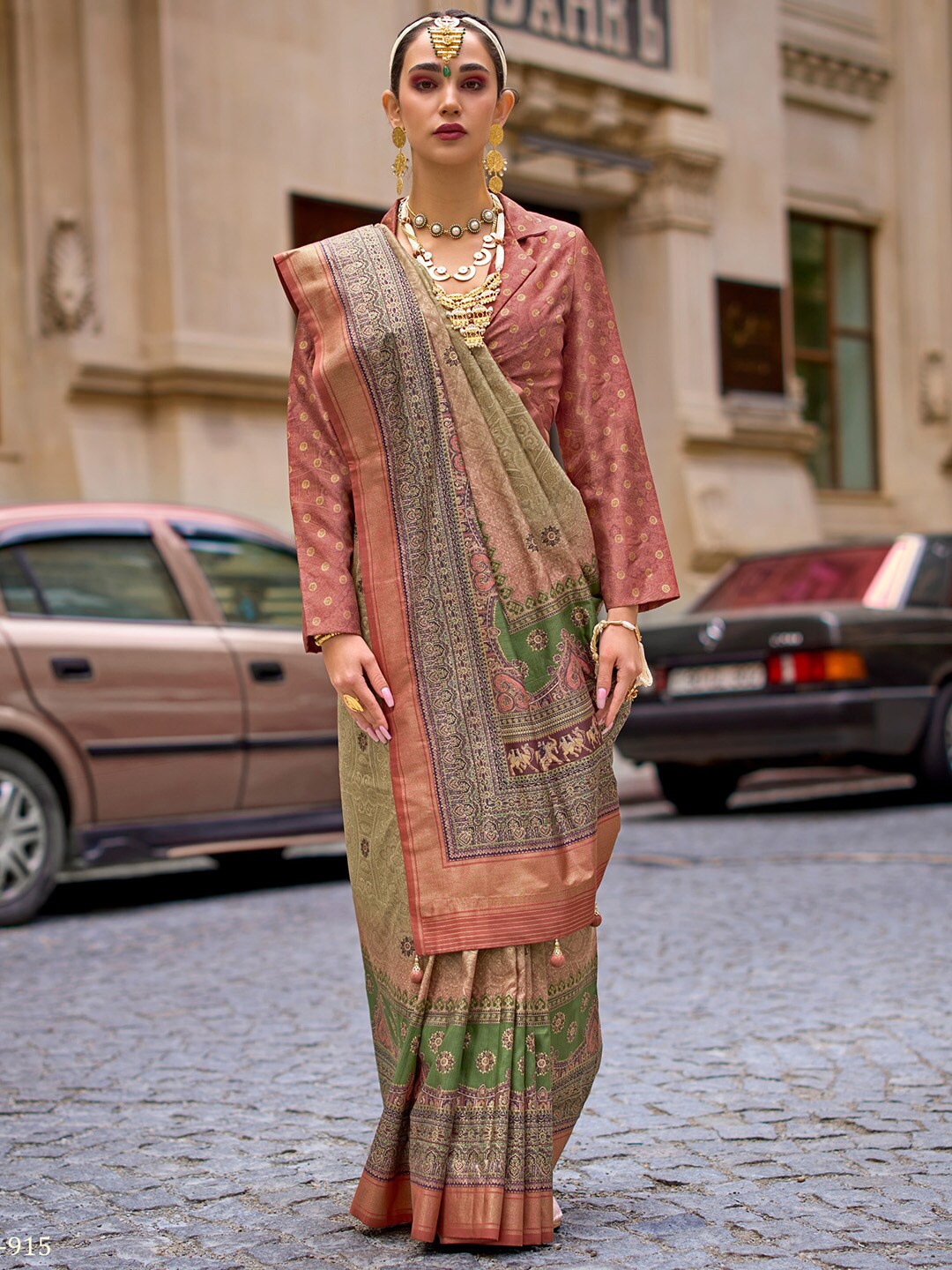 Saree mall Ethnic Motifs Woven Design Zari Detail Sarees, Olive