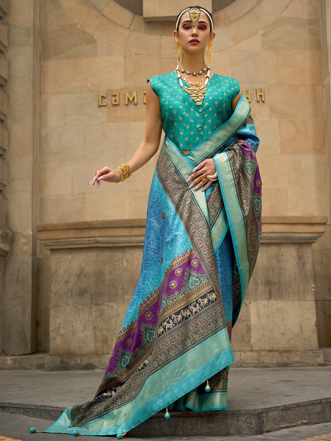 

Saree mall Ethnic Motifs Printed Zari Sarees, Blue