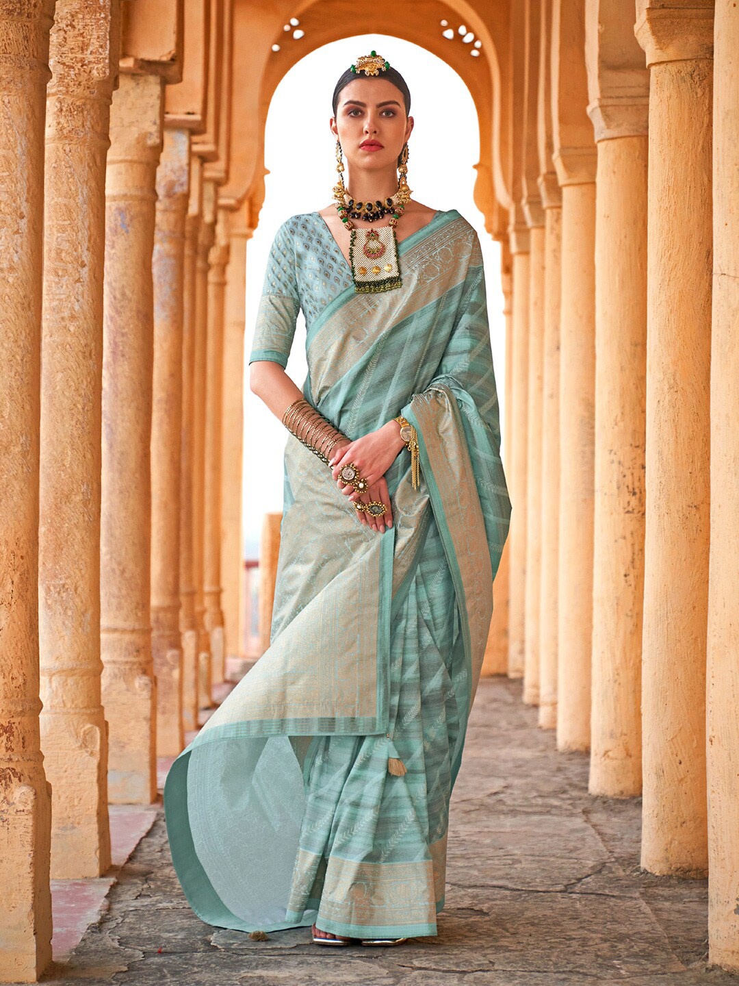 

Saree mall Striped Woven Design Zari Sarees, Blue