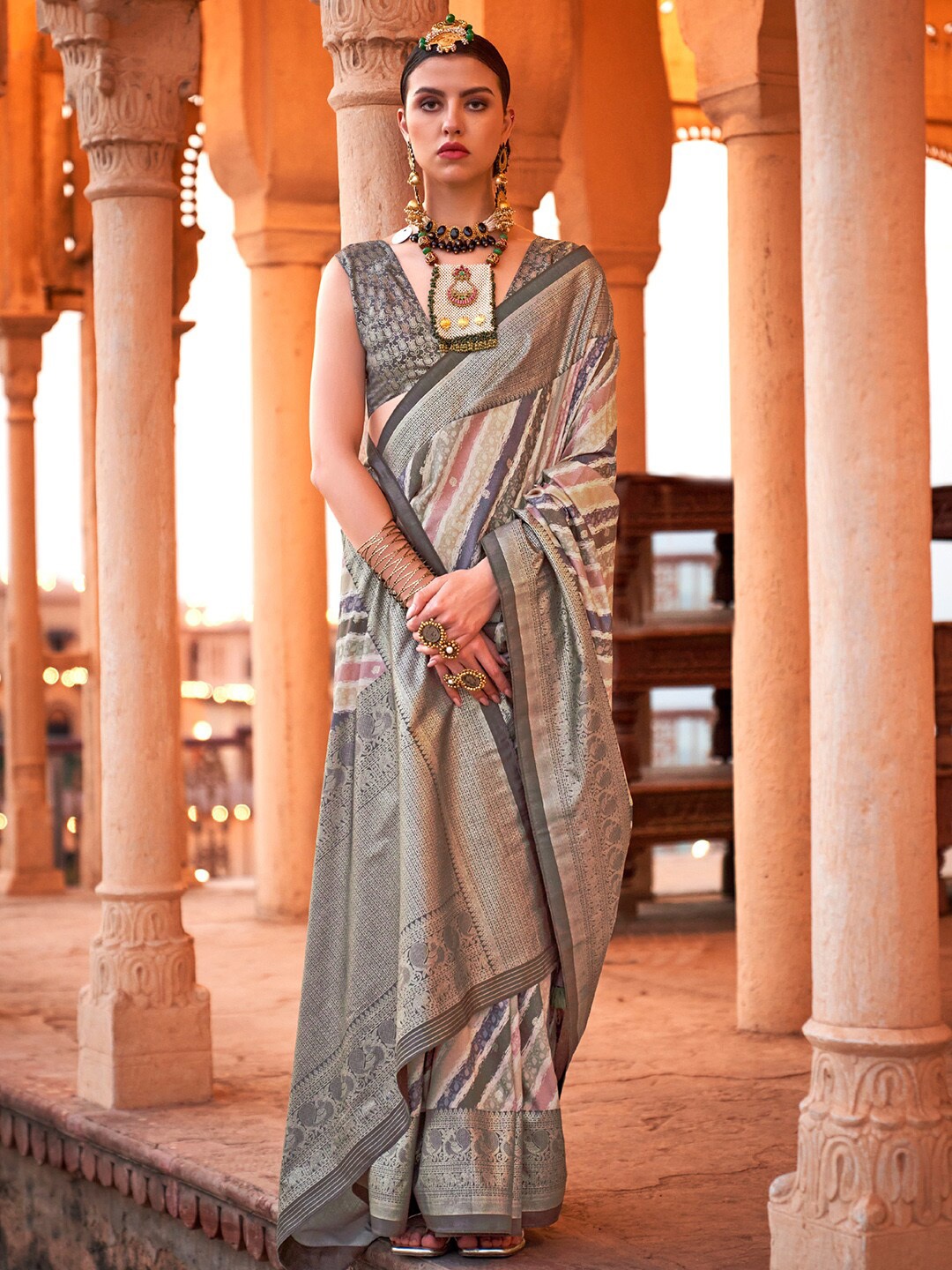 

Saree mall Ethnic Motifs Zari Silk Blend Banarasi Sarees, Grey