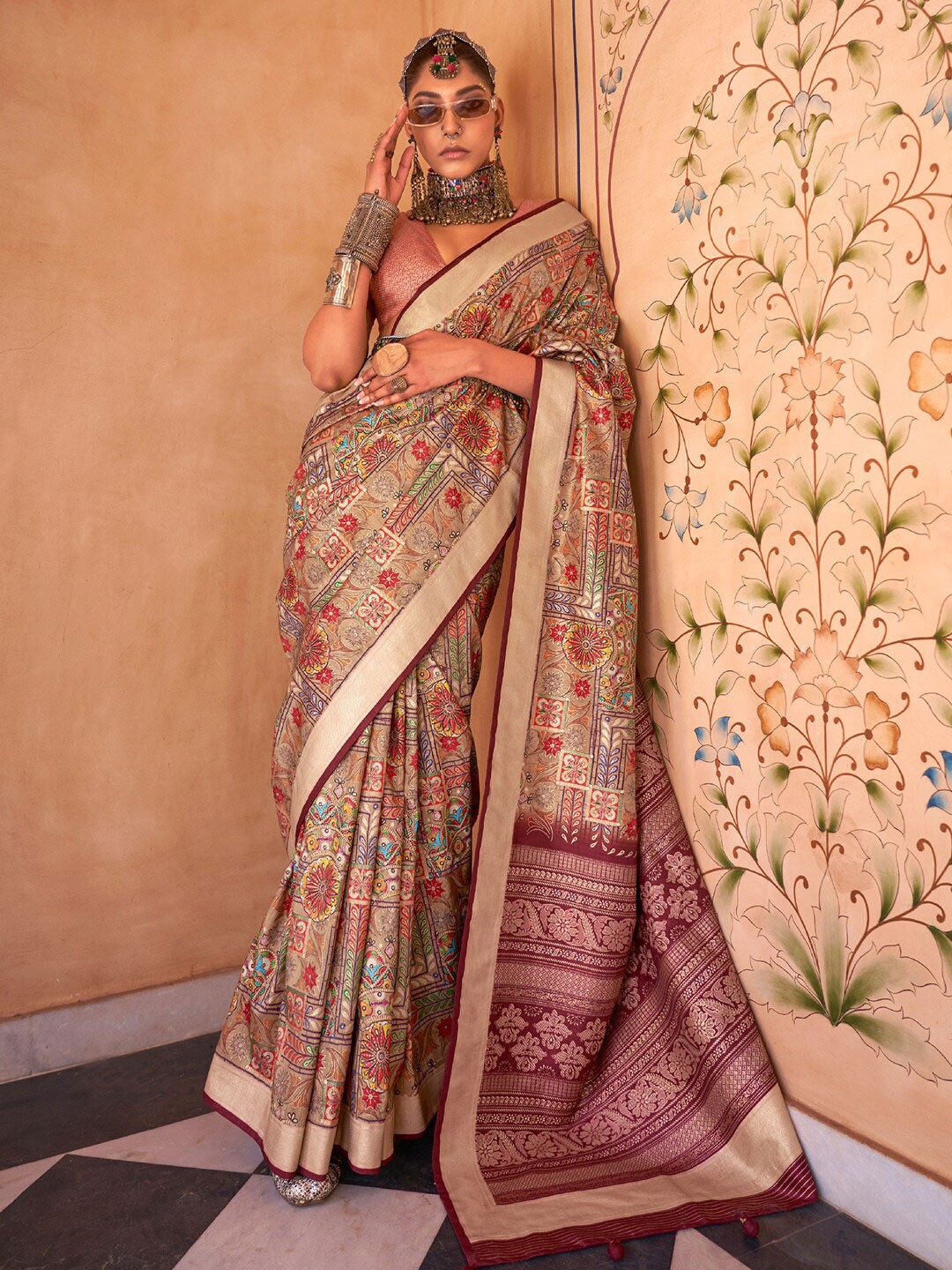

Saree mall Ethnic Motifs Woven Design Zari Banarasi Sarees, Beige