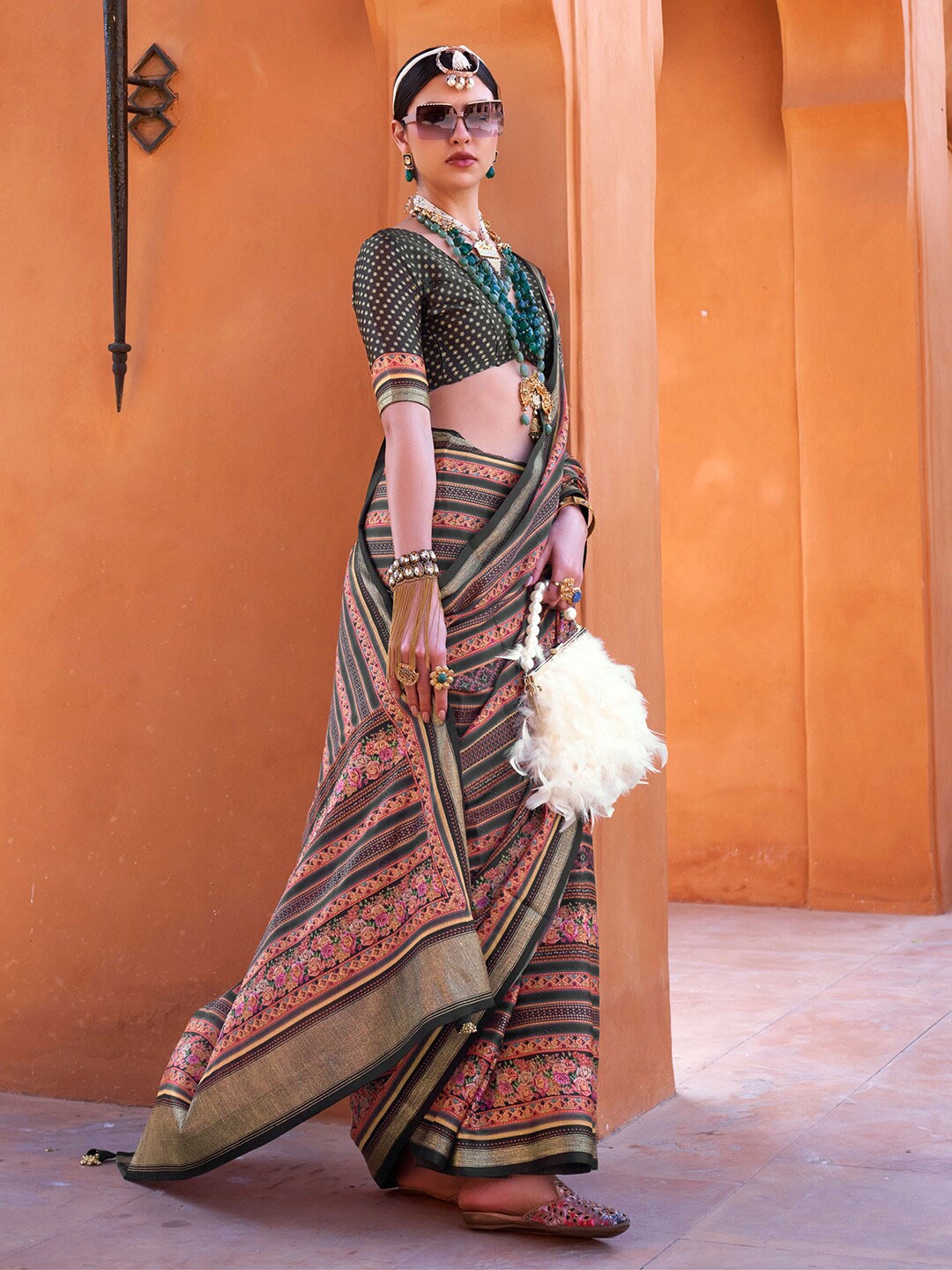 

Saree mall Ethnic Motifs Printed Zari Banarasi Saree, Green