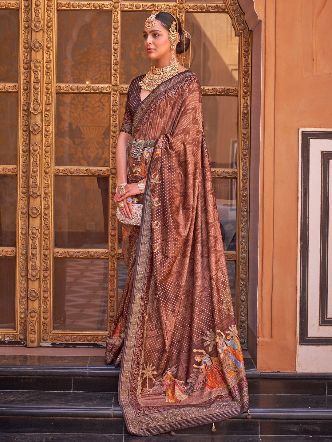 

Saree mall Ethnic Motifs Printed Beads & Stones Banarasi Sarees, Brown