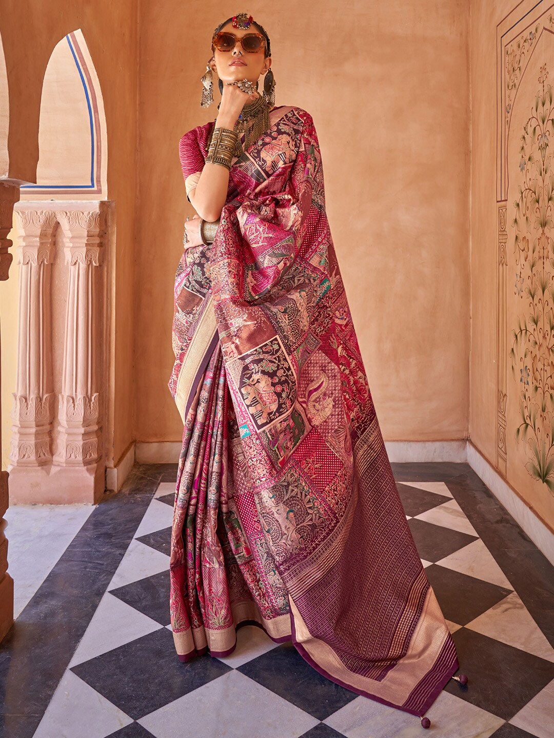 

Saree mall Kalamkari Printed Zari Banarasi Sarees, Pink