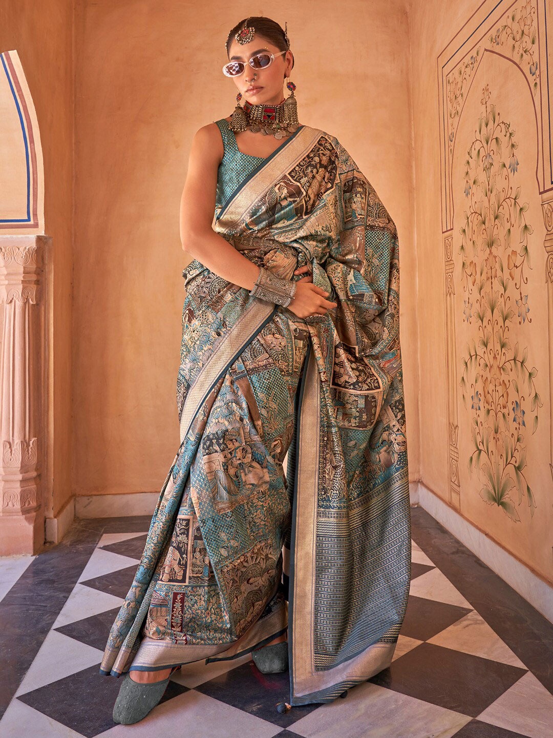 

Saree mall Ethnic Motifs Woven Design Zari Silk Blend Banarasi Sarees, Blue