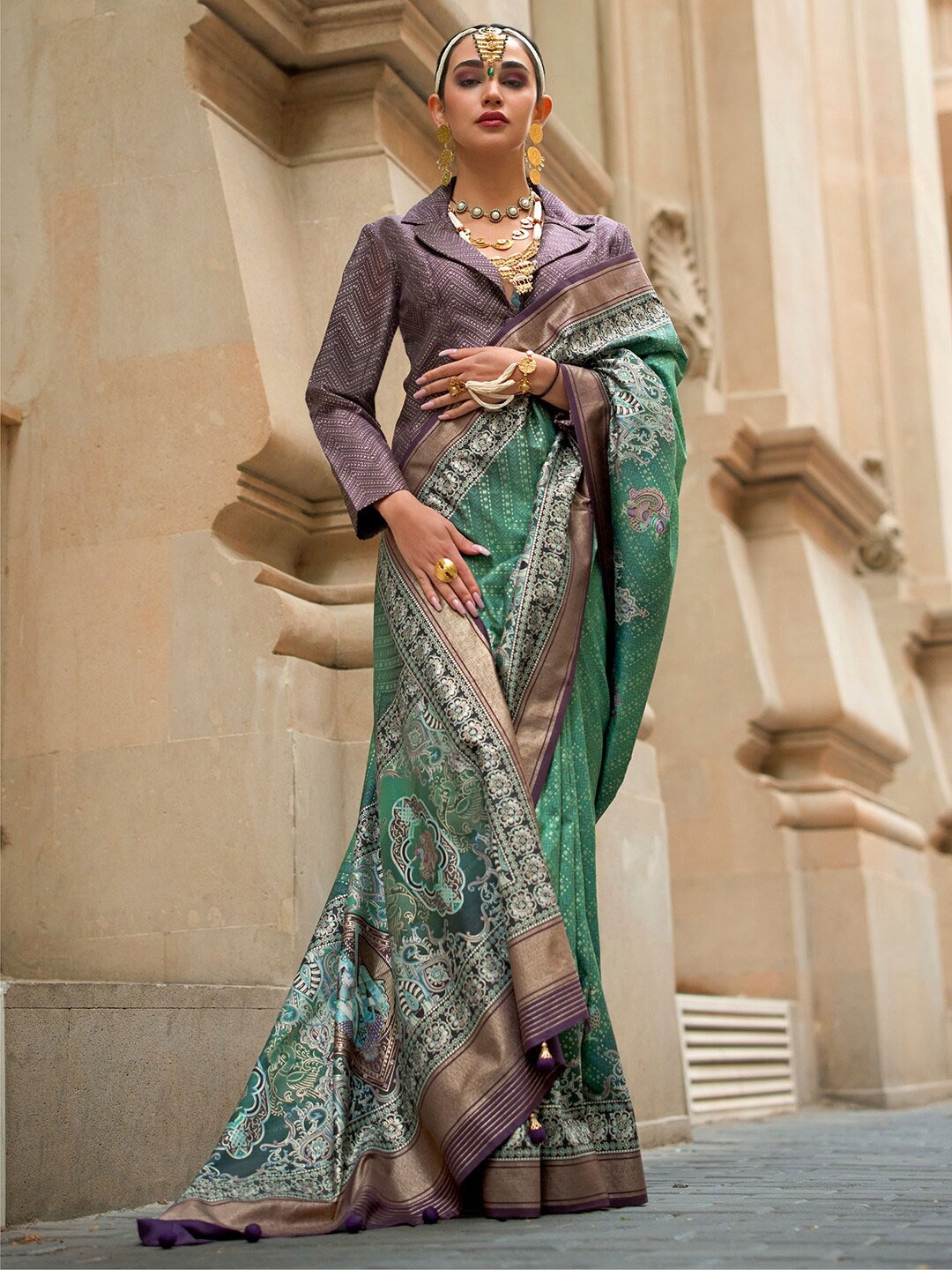 Saree mall Ethnic Motifs Printed Zari Silk Blend Banarasi Sarees, Teal