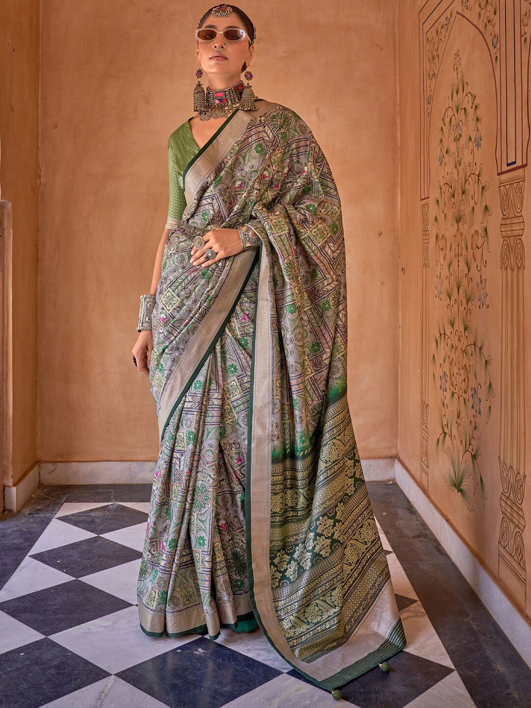 

Saree mall Ethnic Motifs Woven Design Zari Silk Blend Banarasi Sarees, Grey