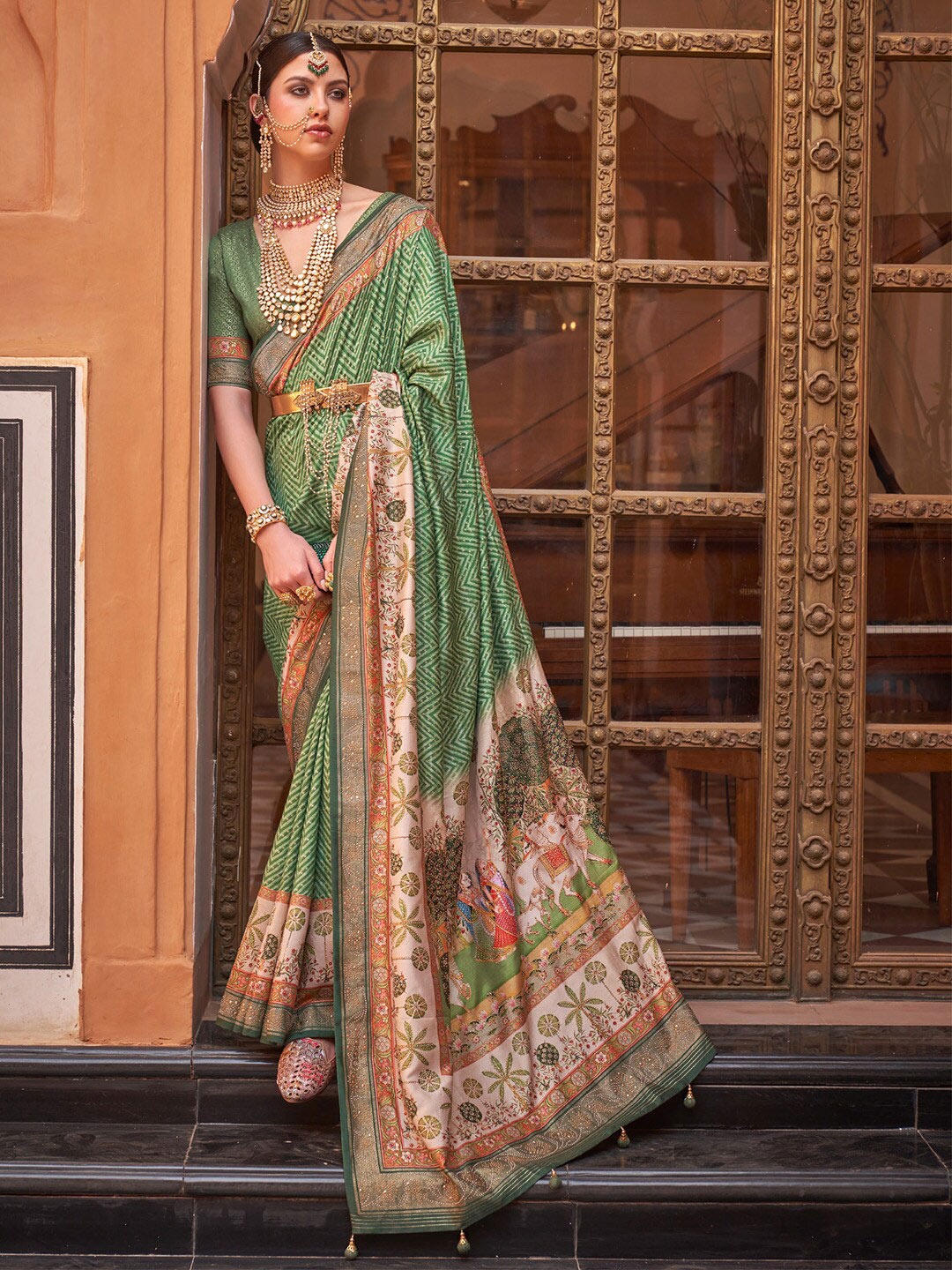 

Saree mall Ethnic Motifs Printed Silk Blend Banarasi Sarees, Green