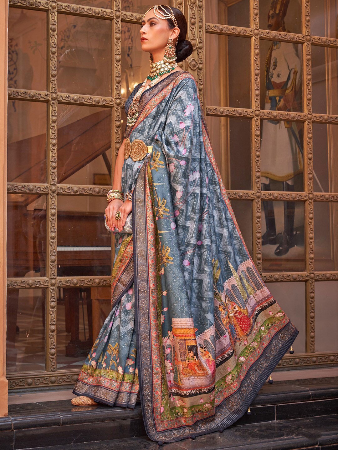

Saree mall Grey Ethnic Motifs Printed Beads and Stones Banarasi Sarees