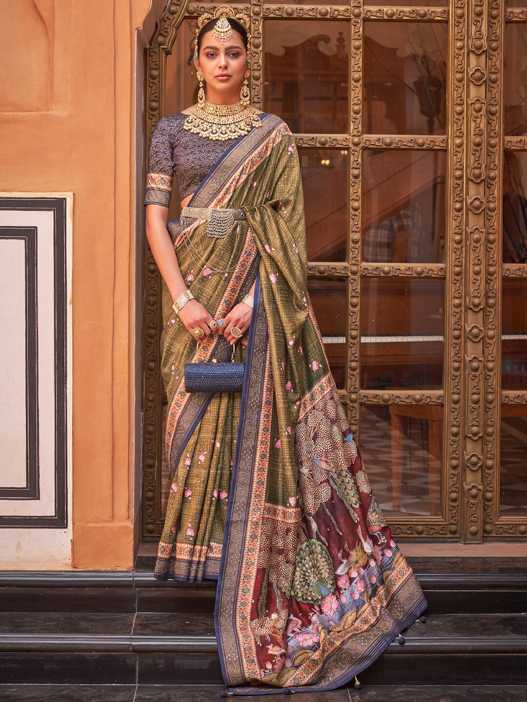 

Saree mall Olive Green Ethnic Motifs Printed Beads and Stones Banarasi Sarees