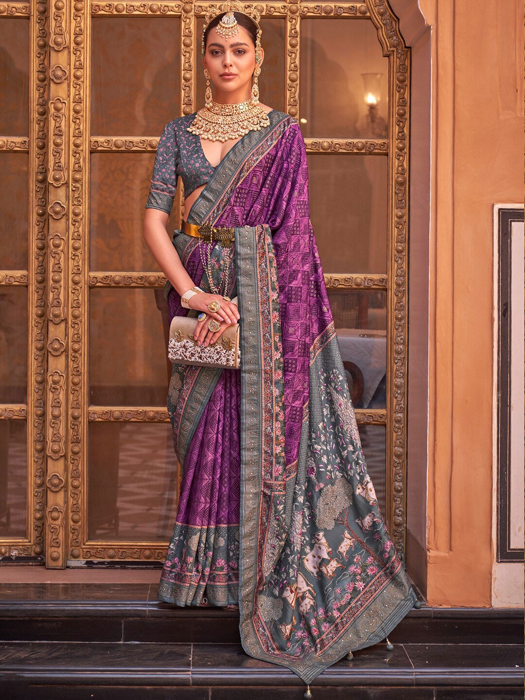 

Saree mall Purple Ethnic Motifs Printed Beads and Stones Banarasi Sarees
