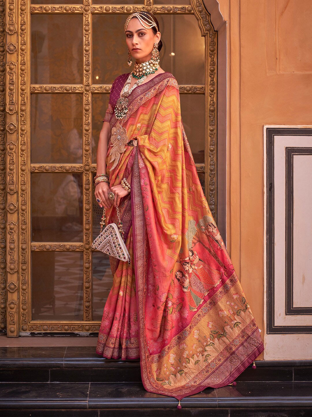 

Saree mall Yellow Ethnic Motifs Printed Beads and Stones Banarasi Sarees