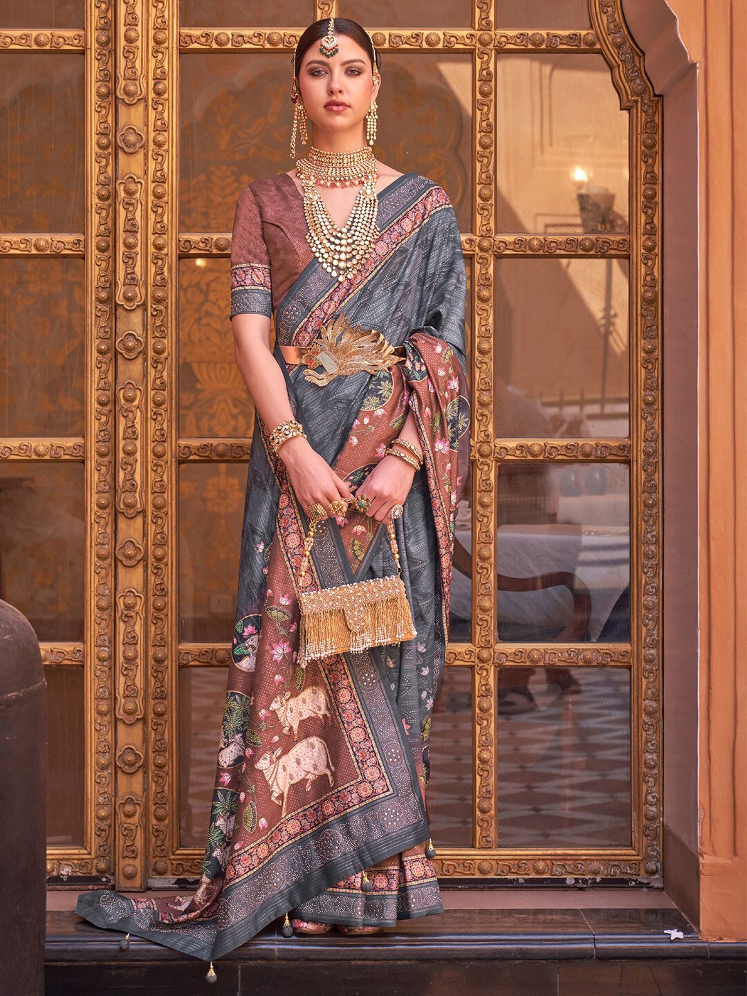 

Saree mall Grey Ethnic Motifs Printed Beads and Stones Banarasi Sarees