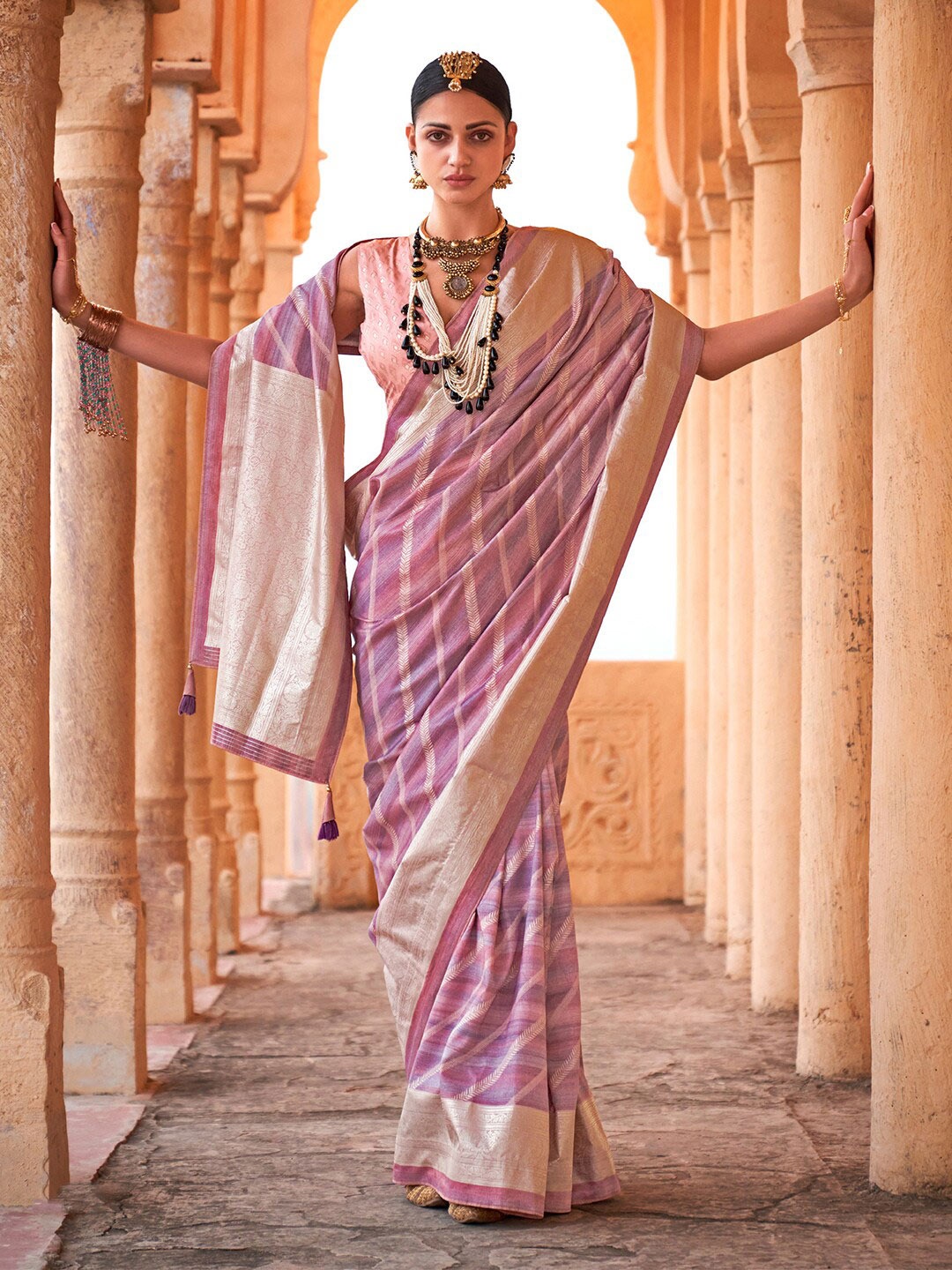 Saree mall Mauve Striped Zari Banarasi Sarees