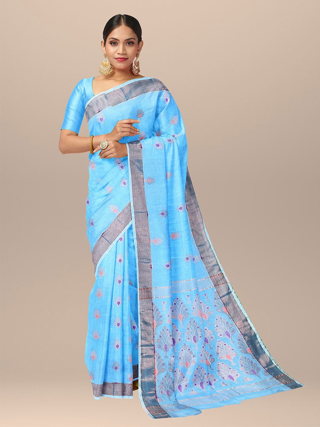 

SARIKA Ethnic Motifs Zari Pure Cotton Saree, Blue