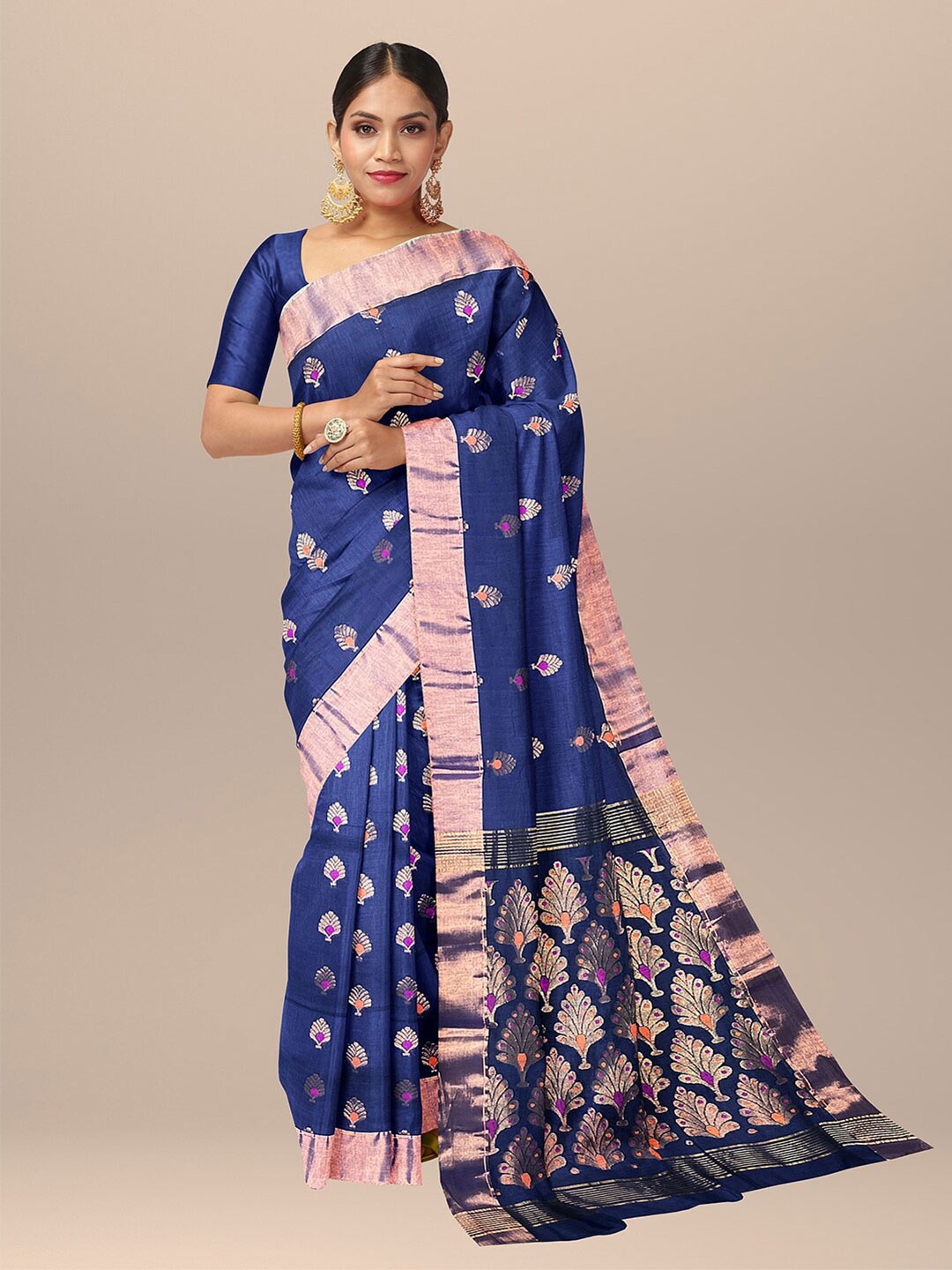 

SARIKA Ethnic Motifs Woven Design Zari Pure Cotton Saree, Blue