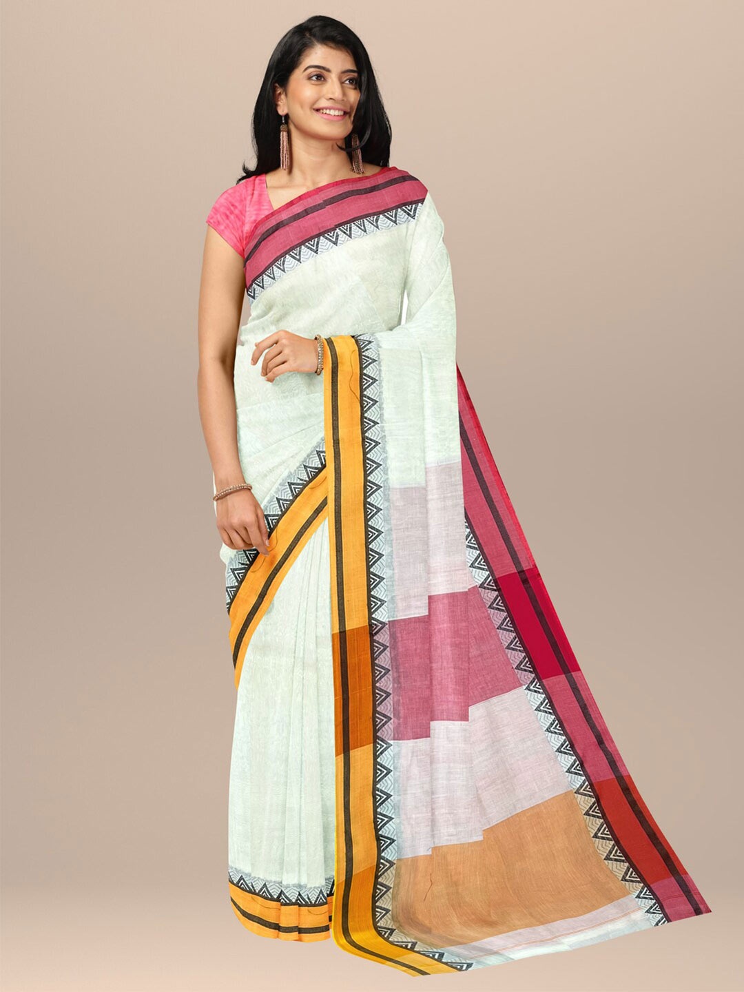 

SARIKA Geometric Printed Jute Cotton Saree, Off white