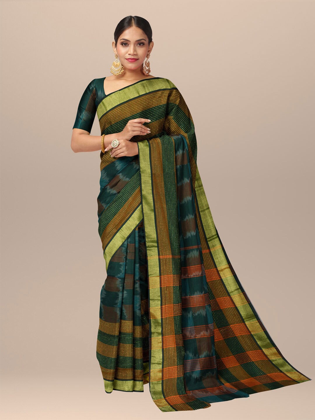 

SARIKA Striped Zari Jute Cotton Saree, Green