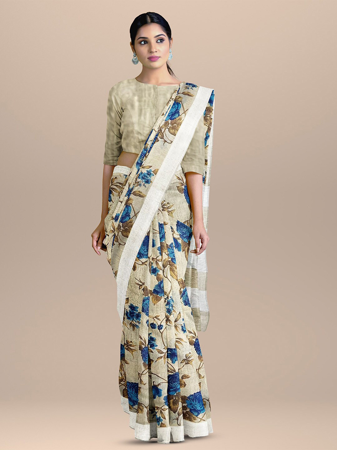 

SARIKA Floral Printed Pure Cotton Saree, Beige
