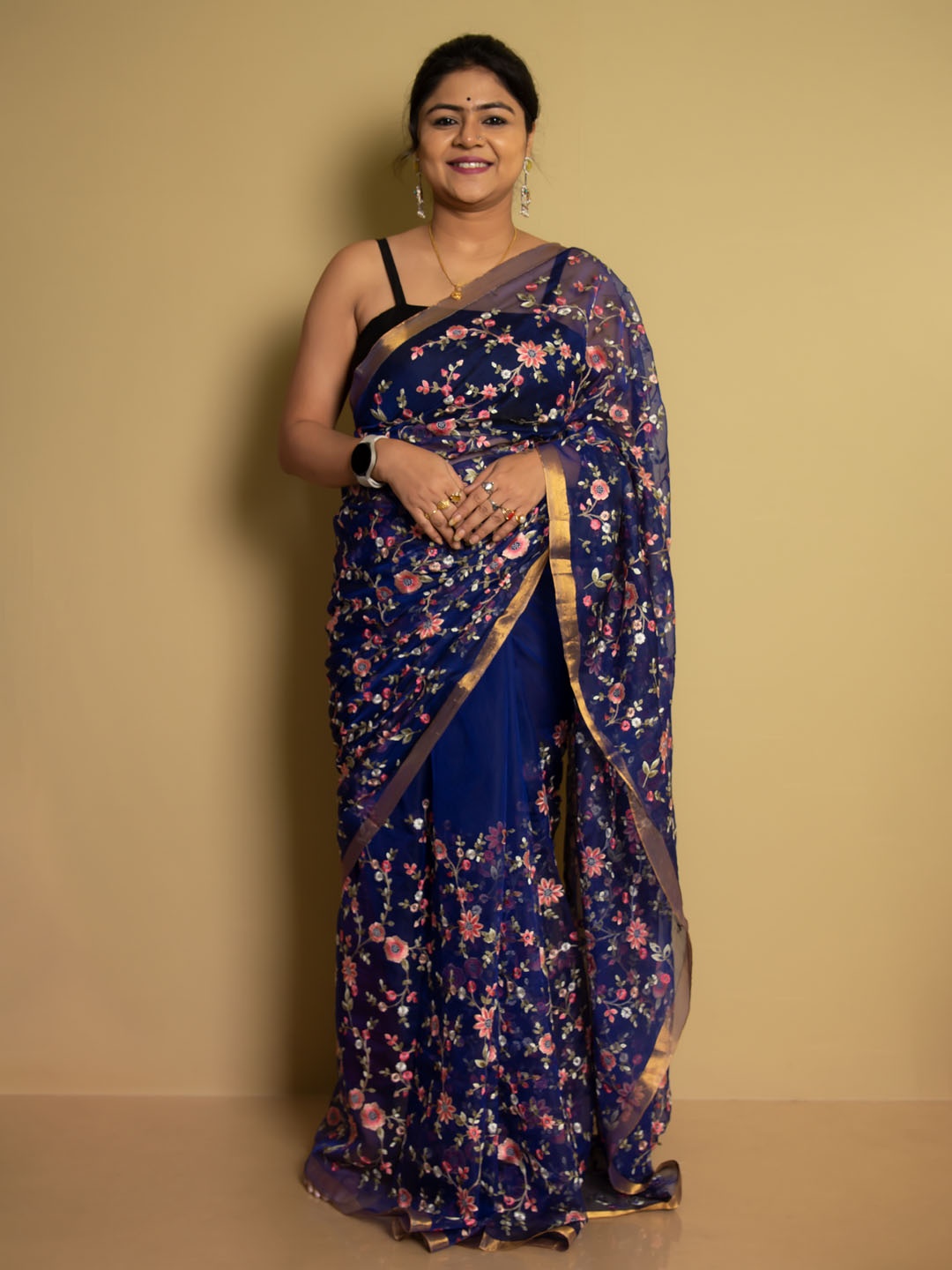 

SARIKA Floral Woven Design Zari Pure Silk Saree, Navy blue