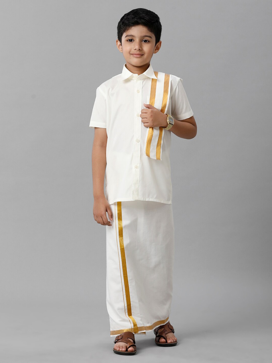 

Ramraj Boys Shirt With Veshti & Angavastra, Cream