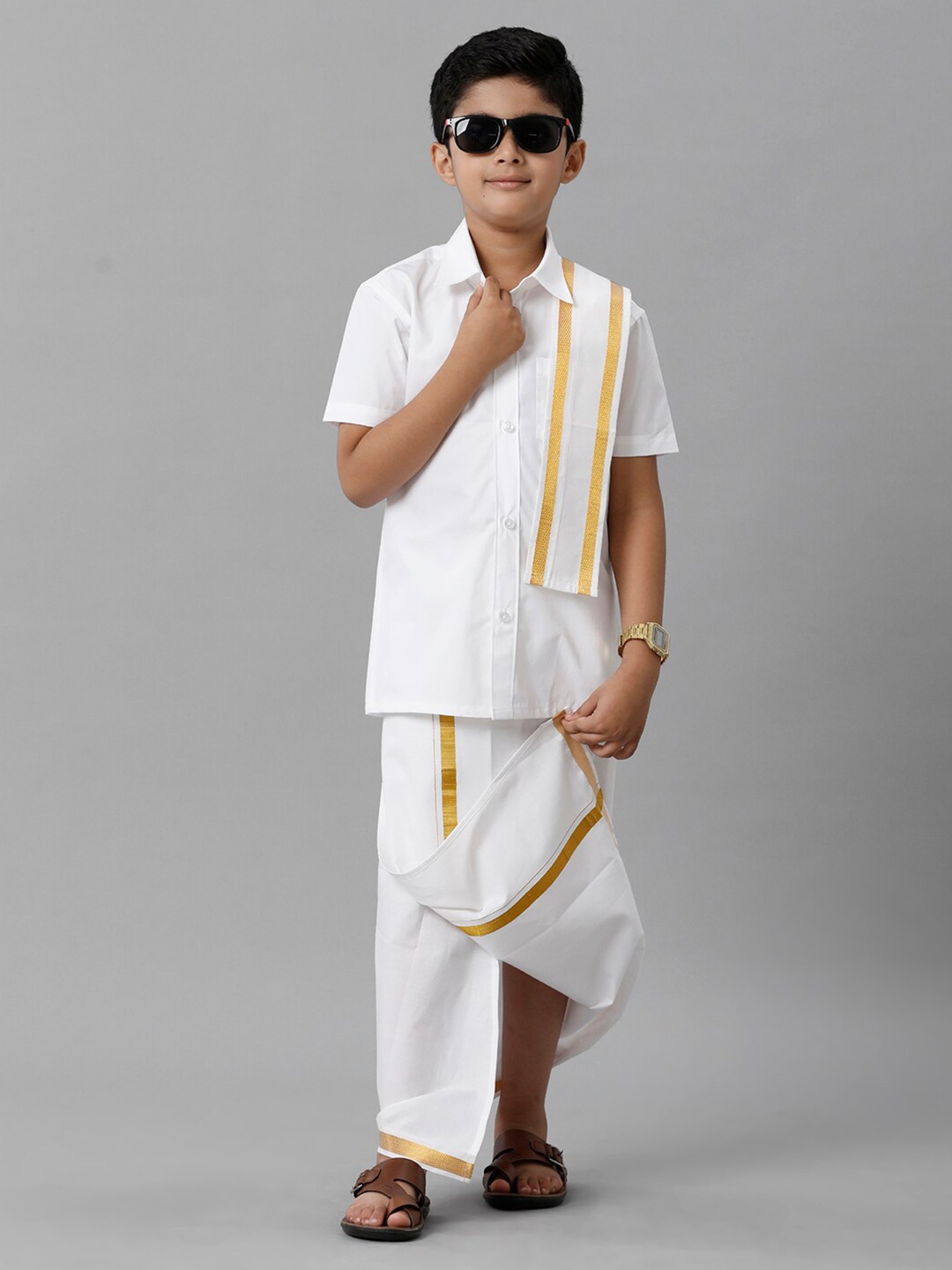 

Ramraj Boys Shirt With Veshti & Angavastra Clothing Set, White